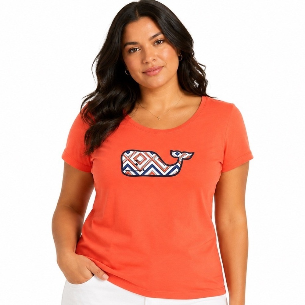 Vineyard Vines M Orange Graphic Tee Whale Logo Short Sleeve Preppy Beach Top